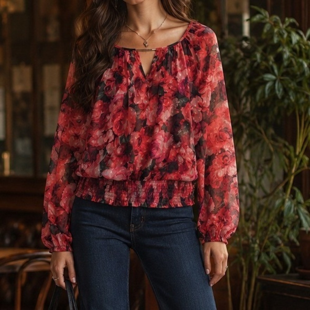 BCX Floral Chiffon Blouse Women's M Smocked Hem Keyhole Long Sleeve Romantic